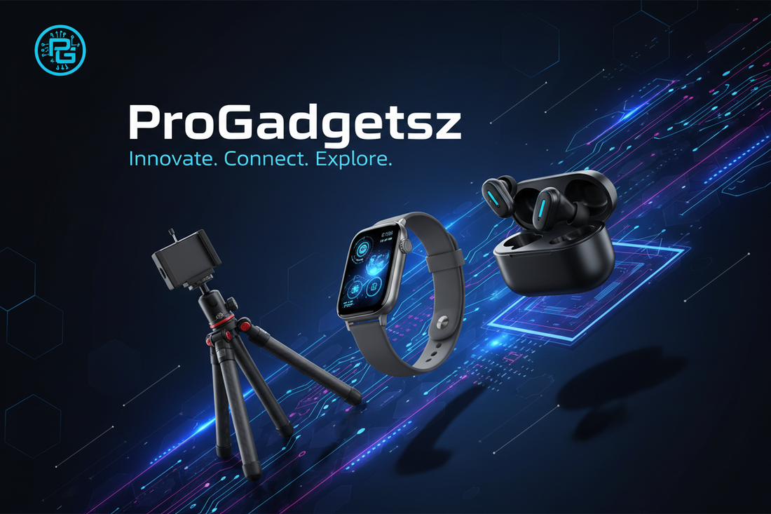 “Create a stunning and dynamic cover image for a Shopify store named ‘ProGadgetsz’ The design should feature tech-related products like earbuds, smartwatches, and tripo