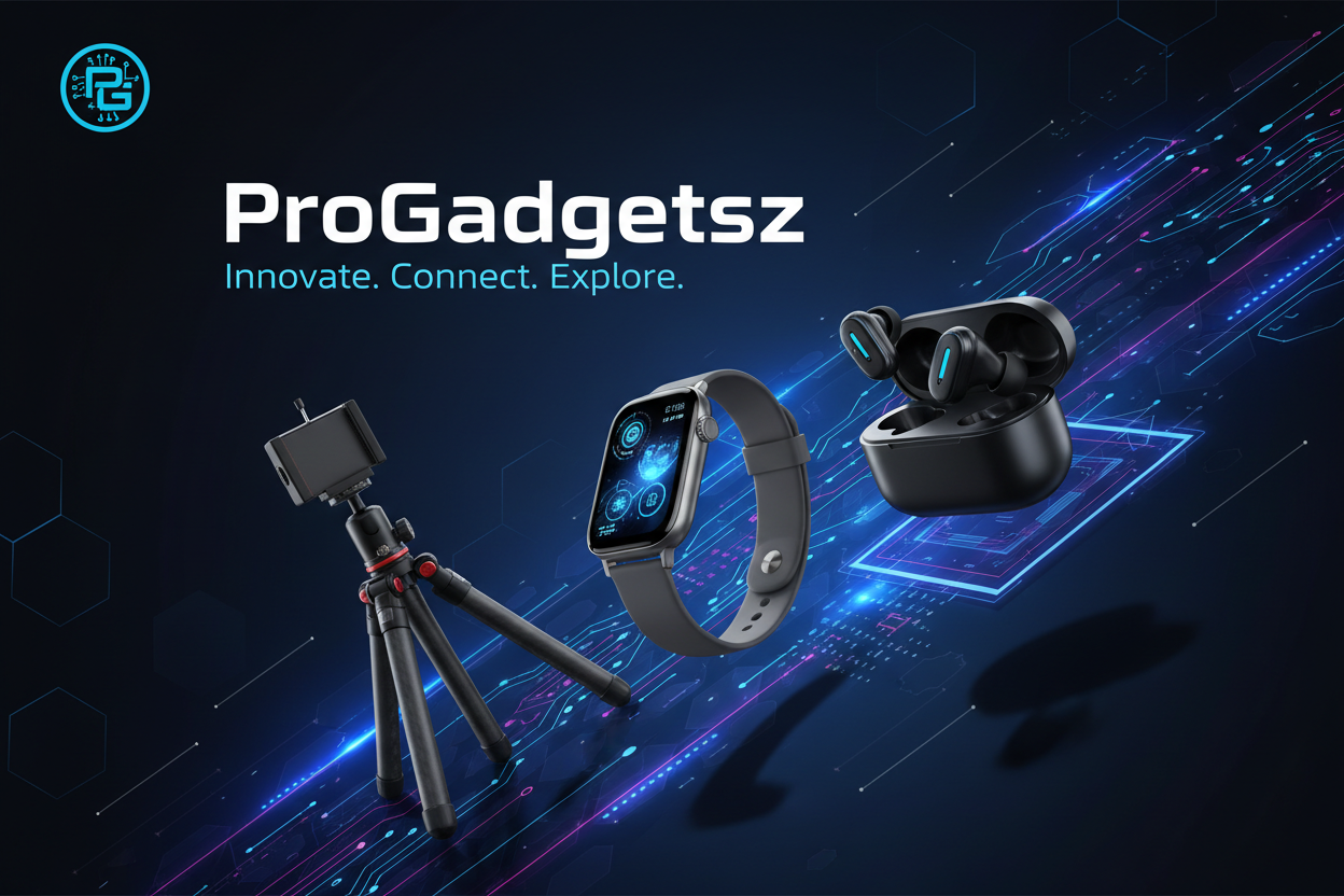 “Create a stunning and dynamic cover image for a Shopify store named ‘ProGadgetsz’ The design should feature tech-related products like earbuds, smartwatches, and tripo
