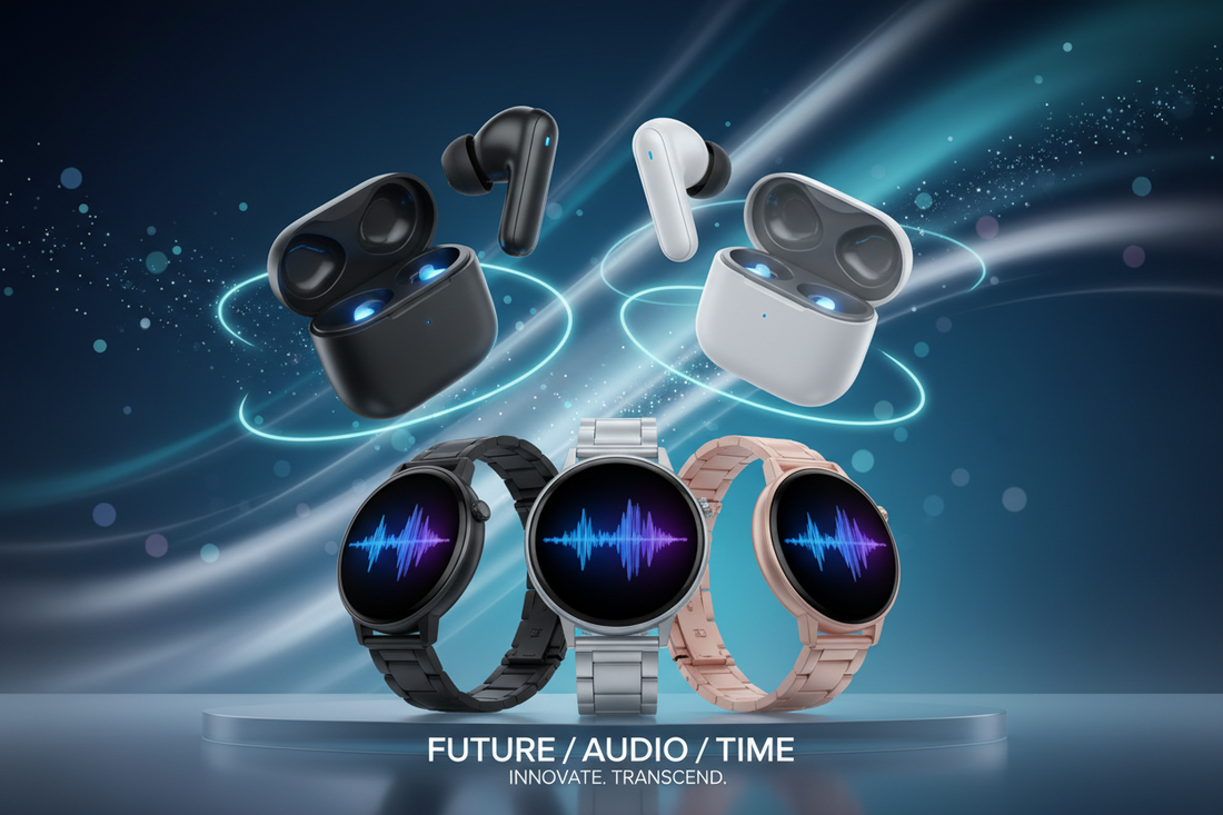 “Create a stunning and dynamic cover image for The design should feature tech-related products like earbuds, smartwatches,