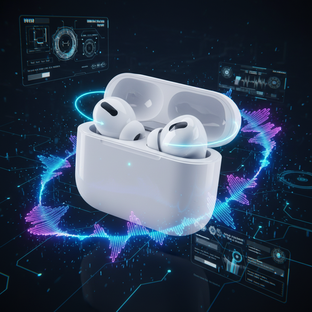 “Ultra-realistic 3D product render of AirPods Pro 2 (2nd Generation) USA Edition wireless earbuds, floating in a futuristic high-tech environment. Sleek white earbuds with glossy finish, detailed charging case open with earbuds inside, glowing blue and neon light accents representing Active Noise Cancellation. Dynamic sound waves and bass pulses surrounding the earbuds to symbolize bass-boosted, immersive sound. Cyber-tech background with holographic UI elements, digital particles, and soft reflections. Pre